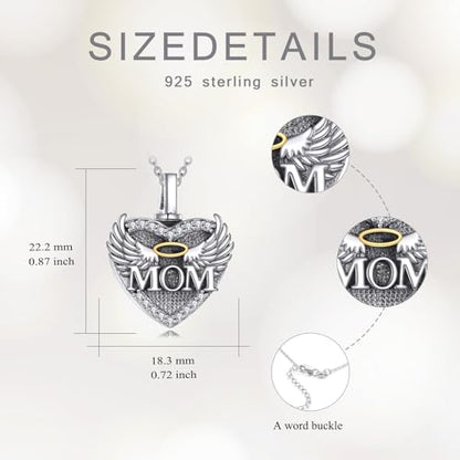 Family Members Urn Necklace for Ashes 925 Sterling Silver Angel Wings Heart Cremation Memorial Keepsake Pendant Jewelry for Loved One's Ashes, with 18" + 2" Stainless Steel Chain - style: Heart-Mom