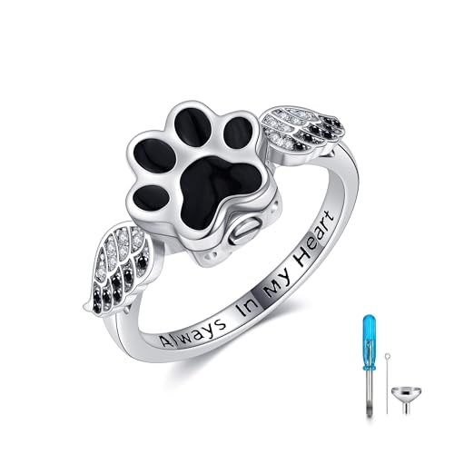 Pet Urn Ring for Ashes 925 Sterling Silver Dog Angel Wings Memorial Keepsake Cremation Jewelry Gifts for Dog Lovers Women