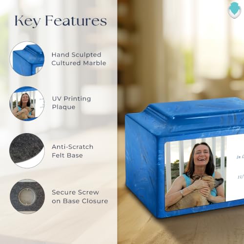 GetUrns Cultured Marble Urn Vault by Mackenzie with Personalized Picture and Text for Human Ashes I Mystic Blue Adult Urns for Male and Female I 210lbs - color: Mystic Blue