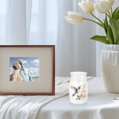 Abooxiu Small Hummingbird Mini Aluminum Memorial Urn - White, Green Pattern - 3 Inches Tall - Human Ashes Keepsake - Secure Threaded Lid - Elegant & Exquisite Craftsmanship - Decorative Urn for Adults