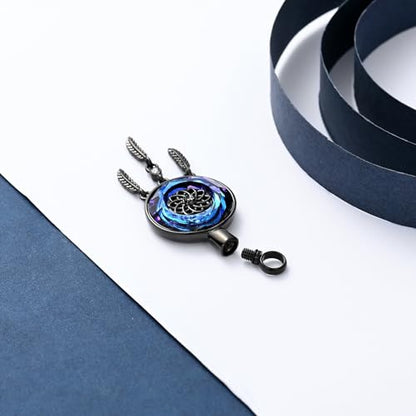 constantlife Circle of Life Dreamcatcher Cremation Jewelry for Ashes Stainless Steel Crystal Pendant Urn Necklace Keepsake Human Pet Memorial Gift for Women Men - color: Black-Blue