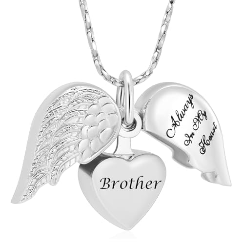 Imrsanl Cremation Jewelry for Ashes Heart Urn Necklace Pendants Ashes for Women Men Family Keepsake Memorial Angel Wing with Charm Heart for Loved Ones - color: Silver-Brother
