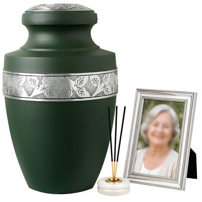 CLEENTABLE Cremation Urn for Human Ashes, Hand Carved Green Metal - color: Green & Silver, size: Hand-Etched Leaf - 7x11"