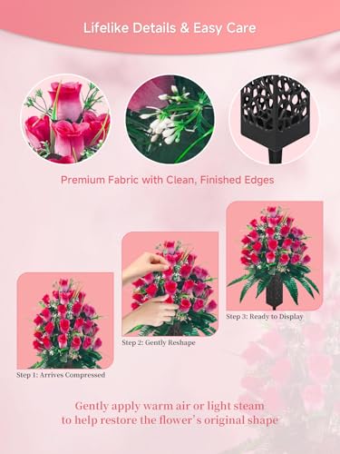 Mirevielyn 2 Pack 24-Stem Artificial Rose Cemetery Flowers with Vases - color: Pink