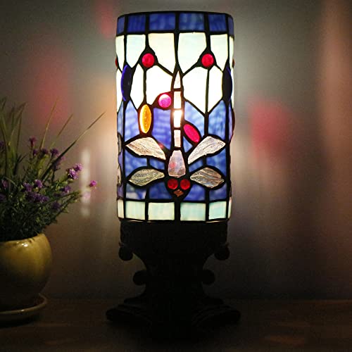 Small Tiffany Table Lamp Blue Dragonfly Style Mini Stained Glass - color: Navy Blue Dragonfly Style