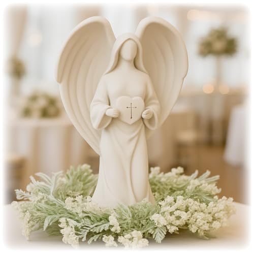 Solar Angel Statue with White Wreath – Light-Up Memorial Garden Figurine – Sympathy Gift – Outdoor Bereavement Decor for Cemetery, Grave Site, or Home