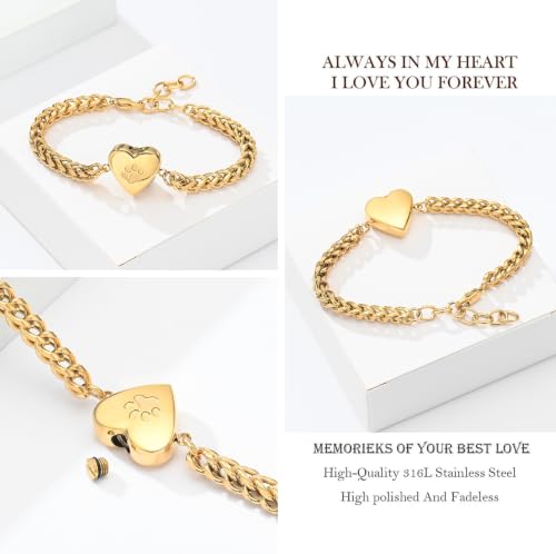 zeqingjw Pet Cremation Urn Bracelet for Ashes for Women Dog Cat Paw Urn Bangle Heart Cremation Jewelry Keepsake Memorial Urn Jewelry - color: Gold