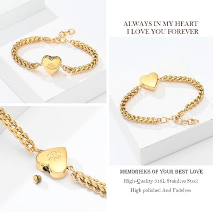 zeqingjw Pet Cremation Urn Bracelet for Ashes for Women Dog Cat Paw Urn Bangle Heart Cremation Jewelry Keepsake Memorial Urn Jewelry - color: Gold