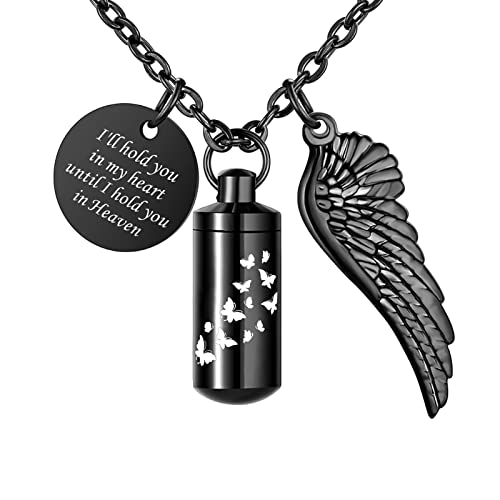 Dletay Cylinder Urn Necklace for Ashes Butterfly Cremation Jewelry for Ashes Memorial Keepsake Pendant with Angel Wing Round Tag Stainless Steel Remembrance Jewelry - color: Black S, style: Non-Custom