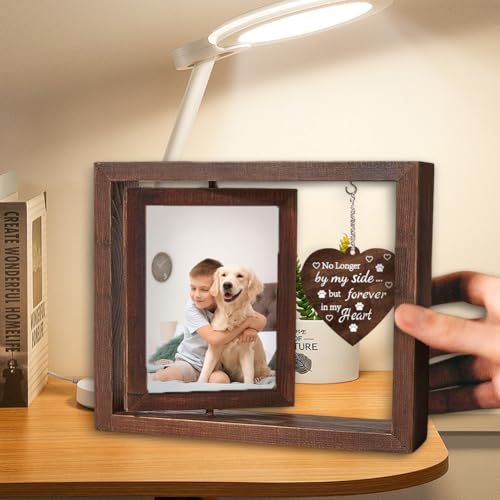 Pet Memorial Frames Forever in My Heart Pet Frame Wooden Rotating 4x6 Picture Gifts with Heart Charm No Longer by My Side But Forever in My Heart Dog Sympathy Remembrance Bereavement Gift