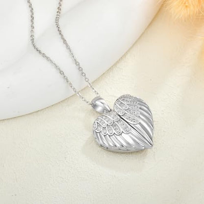 SNOWELLE Angel Wings Locket Necklace Sterling Silver Angel Wings Jewelry | Heart Angel Wings Pendant Heart Jewelry Gifts for Women 18＋2'' inches Sterling Silver Chain