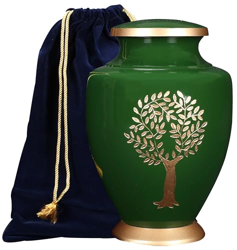 Cremation Urns for Human Ashes Adult – Handcrafted Metal Funeral Urn with Tree Engraving & Velvet Carry Bag, Secure Screw Lid Memorial Burial Urn 11 Inches Height x 7 Inches Width (Green & Gold) - color: Green, size: Tree Of Life 11"H x 7"W