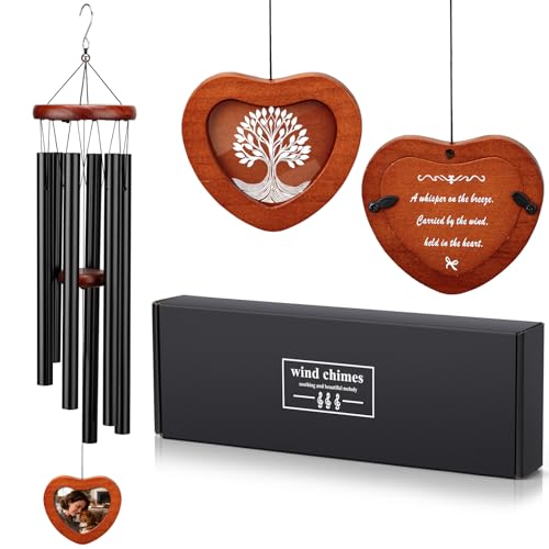 32" Wind Chimes for Outside with Heart Photo Holder, Aluminium Sympathy Wind Chimes Suitable for Outdoor, Garden, Patio Decoration, Sympathy Chime for Loss of Loved One, Friend, Pet Memorial - Black - size: B-32" Black