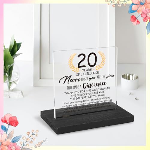20 Years Work Anniversary Desk Decor Gifts for Employee, 20th Grade Promotion Gifts for Coworker,Modern Transparent Acrylic Desk Plaque with Inspirational Quotes, 10 x 10 x 1.5 cm,XXY110 - style: 20 Years Work Anniversary