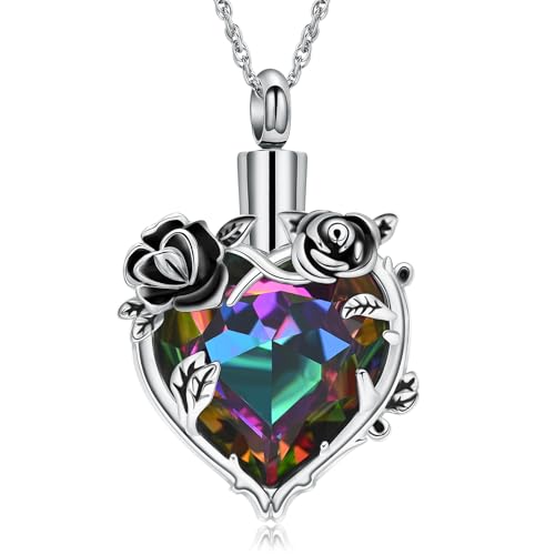 Cremation Jewelry for Ashes Rose Flower Urn Necklace with Crystal Heart Ashes Pendant Butterfly Necklaces for Women Men Memorial Keepsake Jewelry Gift - color: Silver-rainbow