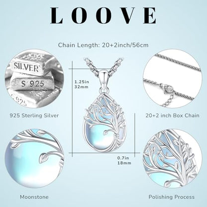 Sterling Silver Tree of Life Necklace for Women Oval Family Tree Necklace Abalone Shell Moonstone Pendant Mother Day Necklace for Mom Tree of Life Jewelry - style: Tree of Life-Moonstone-2