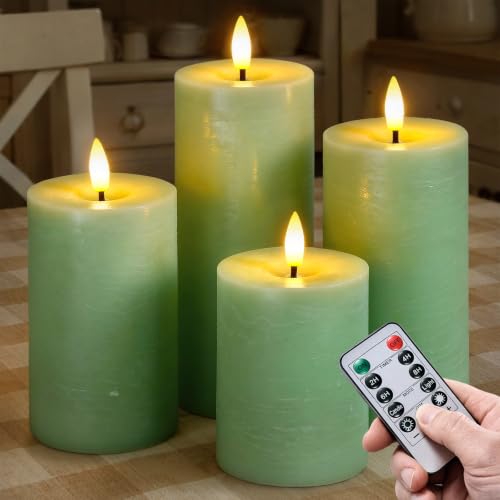 Set of 4 Sage Green Real Wax Flameless Candles with Remote, Long Lasting Battery Operated LED Pillar 3" x 4" 5" 6" 7" with Timer and Flickering Electric for Home Decor - color: Sage Green