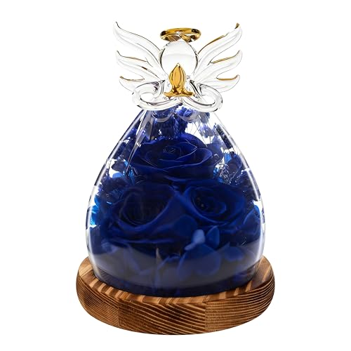 Preserved Rose Eternal Flower in Glass Angel Figurine Real Forever Rose with LED Lights Angel Gifts for Women Birthday Mother's Day Valentine's Glass Dome Blue Sapphire - color: Deep Sapphire Blue