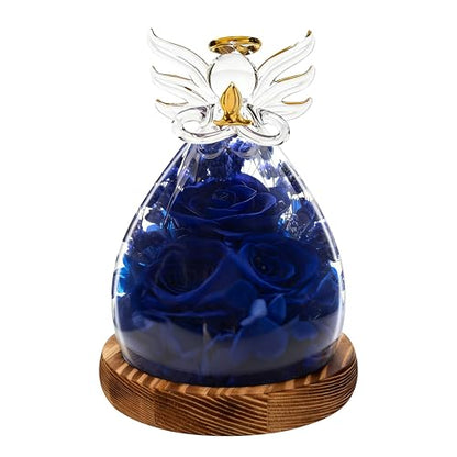Preserved Rose Eternal Flower in Glass Angel Figurine Real Forever Rose with LED Lights Angel Gifts for Women Birthday Mother's Day Valentine's Glass Dome Blue Sapphire - color: Deep Sapphire Blue
