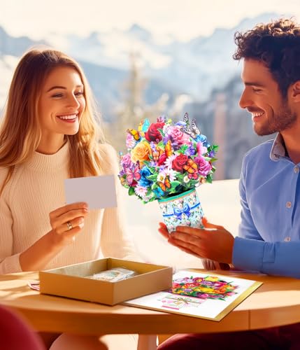 Pop Up Flower Bouquet Card Set for Women – 6 Unique 3D Floral Designs with Envelopes & Separate Blank Note Cards, Forever Rose, Sunflower, Tulip Gift for Mother's Day, Get Well, Birthday, All Occasions - style: Tulip, Sunflower, Roses, Lily, Lavender, Suc