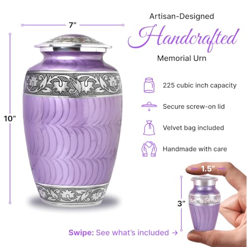 Set of 7 Custom Engraved Plaque with Purple Cremation & Funeral Urns for Ashes for Women & Men - Includes 1 Custom Engraved Large Purple Urn with 4 Small Keepsakes & 1 Necklace - color: Purple Patch Custom Plaque Set