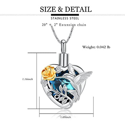 Yinplsmemory Hummingbird Cremation Jewelry Crystal Heart Urn Ashes Necklace for Women Men Memorial Keepsake Necklace of Loved One - color: Blue-Gold