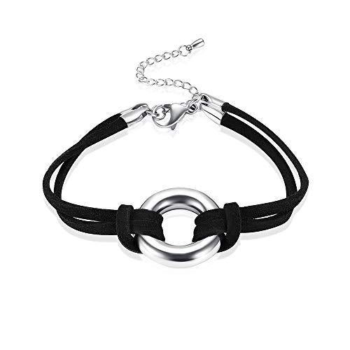 Oinsi Circle Of Life Cremation Jewelry Black Genuine Leather Memorial Urn Bracelet For Ashes Of Loved One Keepsake Holder For Women Men - color: Silver Tone