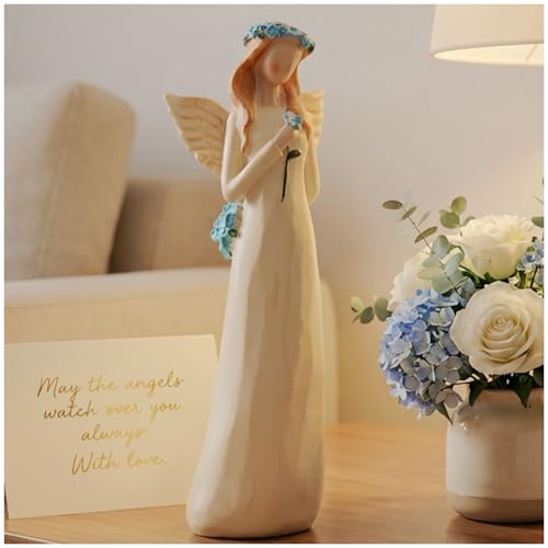 Guardian Angel Figurines, Hand Painted Guardian Angel Statue Holding Blue Flower, Comforting Sympathy Gift for Loss of Loved One, Memorial Angel Decor, 8 Inch - color: 8" Angel & Flower