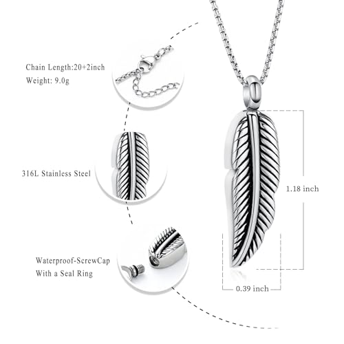 Oinsi Stainless Steel Feather Urn Necklace Hold Cremation Ashes Keepsake Memorial Jewelry +Box+Fill Kits - color: Customize-Image