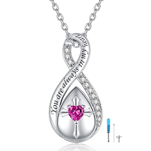 ZOEXUE Infinity Cross Cremation Jewelry - S925 Sterling Silver Cross Urn Necklace for Women - Birthstone Cross with Heart CZ Ashes Keepsake Pendant Memorial Urn Jewelry Gift for A Loss Loved Ones - color: rose
