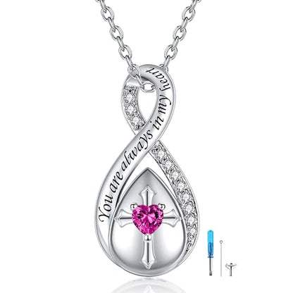 ZOEXUE Infinity Cross Cremation Jewelry - S925 Sterling Silver Cross Urn Necklace for Women - Birthstone Cross with Heart CZ Ashes Keepsake Pendant Memorial Urn Jewelry Gift for A Loss Loved Ones - color: rose