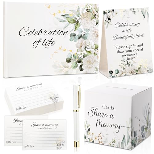 Epakh 64 Pcs Guest Book Set for Funeral, Celebration of Life Memorial Guestbook with 60 Share a Memory Cards, Card Box, Table Sign & Pen, in Loving Memory Registry for Memorial Services (Greenery) - style: Greenery