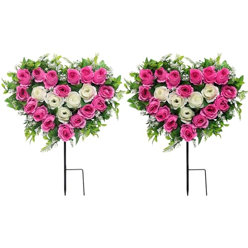 Lodou 2 Sets Artificial Cemetery Flowers, Grave Memorial Flowers with Ground Spike,Heart Shaped Wreaths Rose Flowers for Artificial Rose Decoration for Cemetery Headstones Gravesites (Pink) - color: Pink