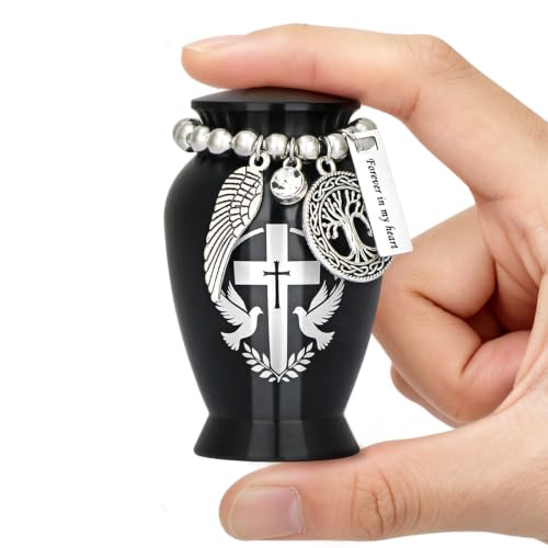 Small Cremation Urns for Human or Pet Ashes, Mini Metal Sharing Keepsake Urn for Adults, Elegant Black Decorative Funeral Memorial Urn with Engraved Cross, Tree of Life & Angel Wing Charm - color: Black