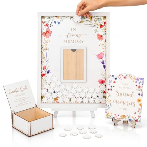 Geelin 56 Pcs Funeral Guest Book Alternatives Set for Memorial Service Elegant Celebration of Life in Loving Memory with 80 Pcs Box Heart Wooden Sign and Pens Funeral Supplies (Floral) - color: Floral