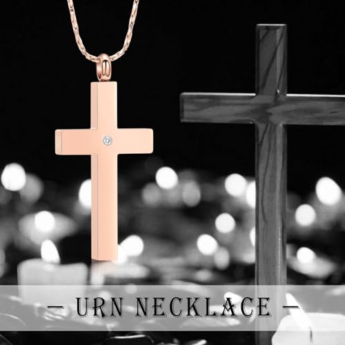 Crystal Cross Necklace for Ashes Stainless Steel Keepsake Cremation Jewelry Religious Cross Memorial Urn Necklace for Pet Human Ashes Gifts - color: Rosegold