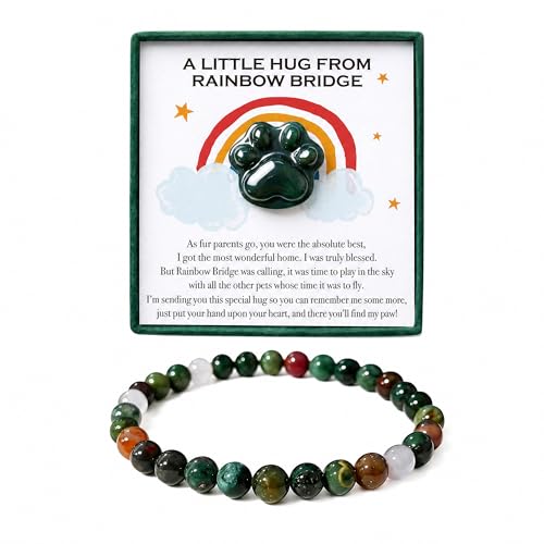 LINGYUAN Green Agate Pet Memorial Gift Set, Natural Paw Print Stone with 6mm Bracelet, Rainbow Bridge Sympathy Keepsake for Loss of Dog or Cat - color: Indian(Green) Agate Rainbow Memorial Gift Set