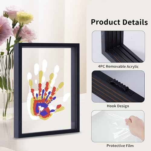 CHERRY CHEERS Family Handprint Kit, DIY Craft Keepsake Wooden Frame, Endless Gift Set, Non-Toxic Paints, Transparent Sheets (Black) - color: Black