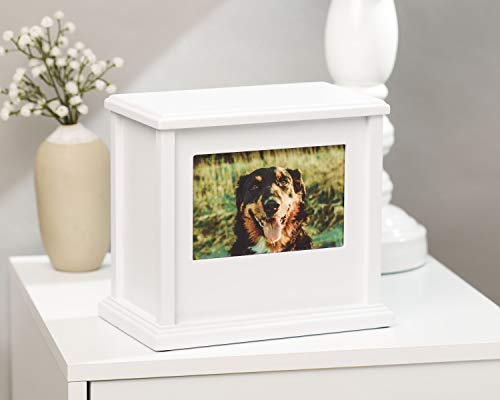 Pearhead Pet Wooden Photo Memory Keepsake Box & Urn, Memorial For Dog & Cat Ashes and Mementos, 4 × 6 Picture Insert, Medium, White