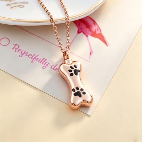 Custom Dog Bone Memorial Pendant Necklace with Paw Print, Stainless Steel Personalized Pet Cremation Jewelry Puppy Animal Urn Pendant Best Friends Friendship Pet Keepsake Gifts Dog Urn Necklace for Ashes for Dog Lovers - color: Rose Gold