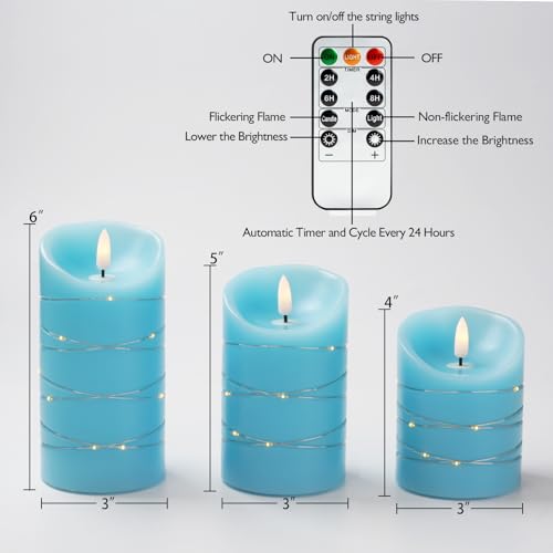 Homemory Flameless Candles with String Lights, 3 Pack Embedded Fairy String Lights LED Candles, Electric Flickering Candles with Remote Control and Timer, Real Wax, Blue - color: Blue