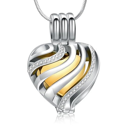 Cremation Jewelry Urn Necklace for Ashes with Hollow Mini Ball Keepsake Urn Pendant Memorial Jewelry for Ashes - color: Silver&Gold