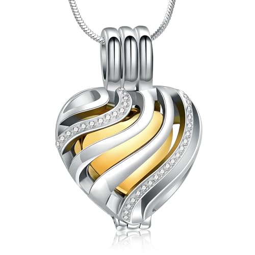 Cremation Jewelry Urn Necklace for Ashes with Hollow Mini Ball Keepsake Urn Pendant Memorial Jewelry for Ashes - color: Silver&Gold