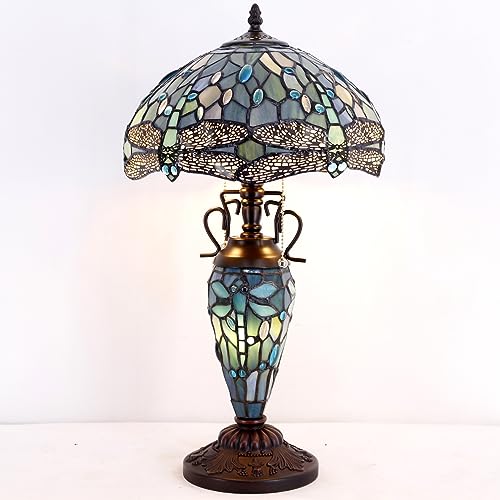 WERFACTORY Tiffany Table Lamp Sea Blue Stained Glass Dragonfly Style 12X12X22 Inches Mother-Daughter Vase Desk Reading Light Decor Bedroom Living Room Home Office S147 Series