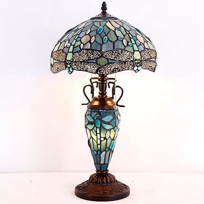 WERFACTORY Tiffany Table Lamp Sea Blue Stained Glass Dragonfly Style 12X12X22 Inches Mother-Daughter Vase Desk Reading Light Decor Bedroom Living Room Home Office S147 Series