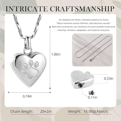 Paw Print Heart Urn Necklace for Pet Ashes Cremation Jewelry Memorial Keepsake Pendant for Dog/Cat Stainless Steel Ash Holder Necklace - color: Silver-Always In My Heart