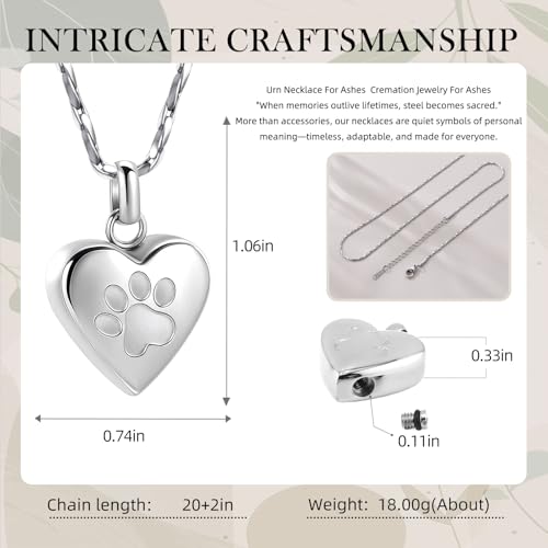 Paw Print Heart Urn Necklace for Pet Ashes Cremation Jewelry Memorial Keepsake Pendant for Dog/Cat Stainless Steel Ash Holder Necklace - color: Customize