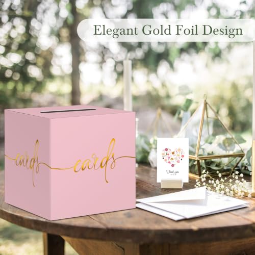 Light Pink Card Box with Gold Foil Design, Paperboard 8.7" Gift Card Holder for Wedding Graduation Birthday Party Reception Retirement Anniversary Bridal & Baby Shower - color: Light Pink Card Box with Gold Foil, size: 8.7×8.7×8.7Inch(1 Pack)