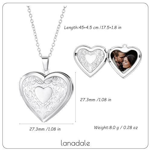 Gold Locket Necklace for Women, Vinatge Heart Oval Butterfly Angel Engraved Pendant that Holds Picture Photo Locket Memorial Necklace Personalized Jewelry Birthday Gifts - color: Heart/Silver