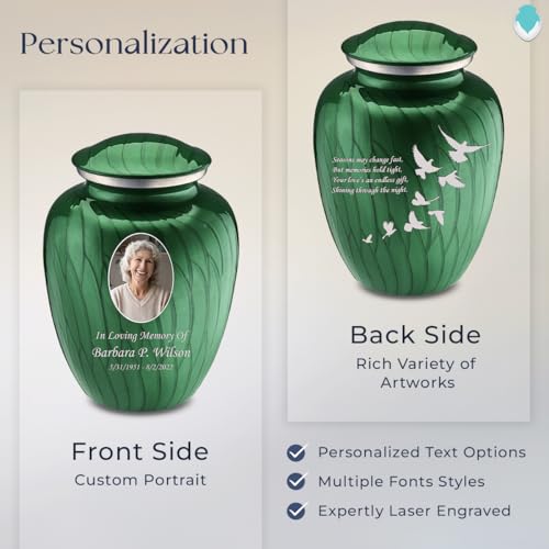 Embrace Adult Personalized Doves Cremation Urns for Human Ashes I Large Picture Pearl Green Funeral Urn for Adult Men and Women with Double Side Engraving I 200 lbs - color: _Pearl Green (Double Sided)